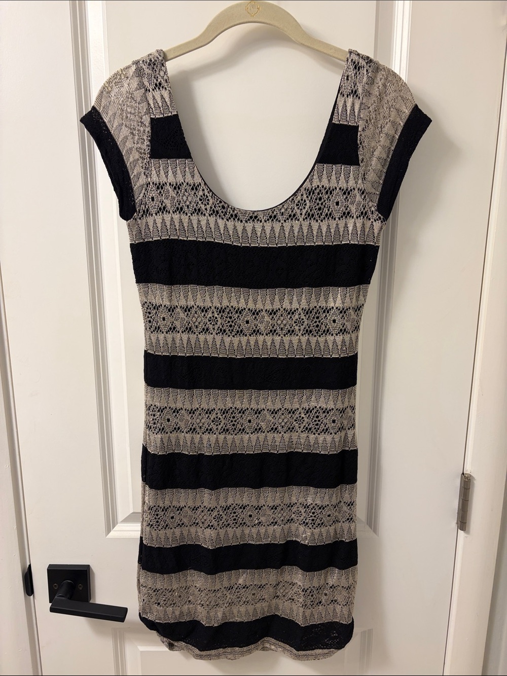 Eight Sixty Body Con Black and Taupe Striped Knit Scoop Neck Dress